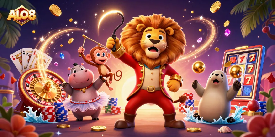 ALO8 features a vibrant casino scene with a lion ringmaster, hippo, monkey, and seal amidst sparkling gems and coins.