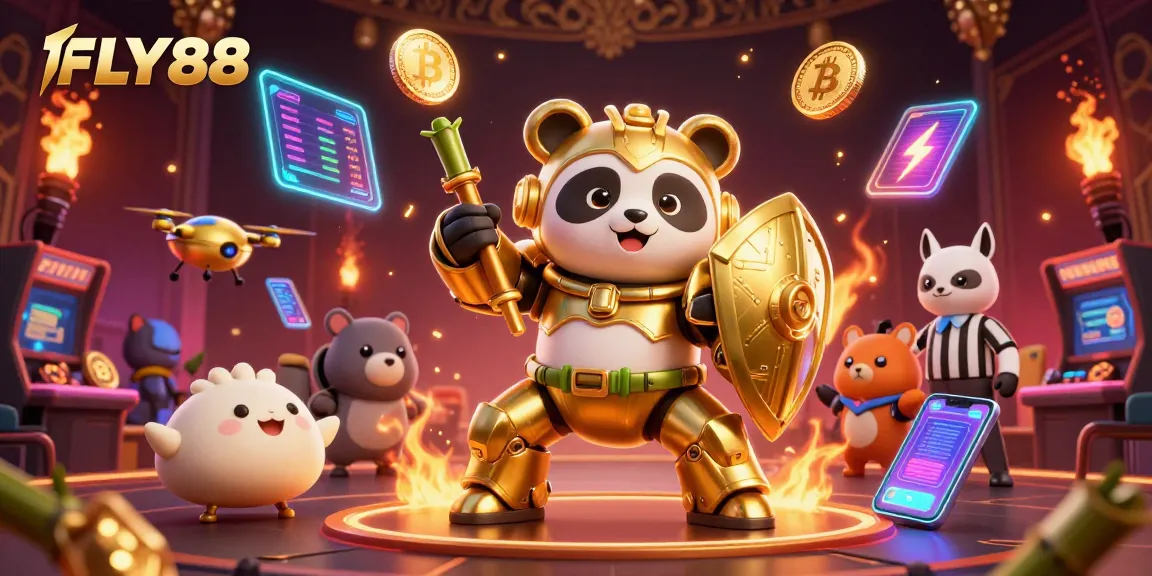 Engage in thrilling gameplay at FLY88, featuring a unique mech-suit panda in an arcade casino scene.