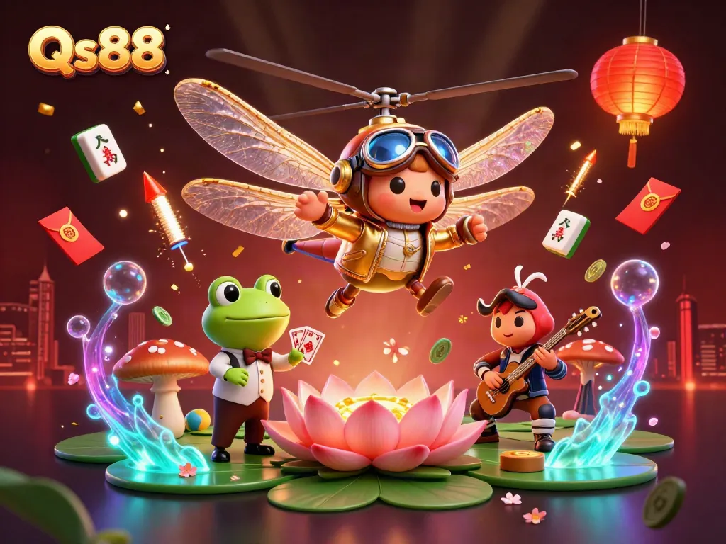 Experience the vibrant world of Qs88 casino with dragonfly pilots and frog croupiers in a lively gaming atmosphere.