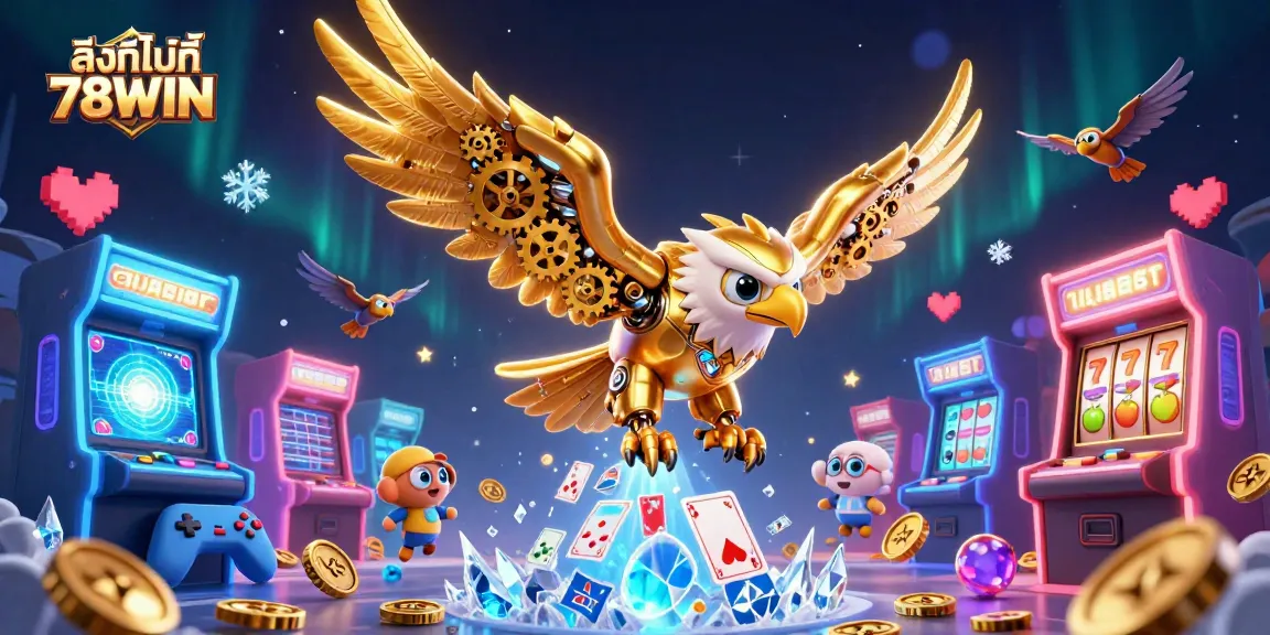 Experience thrilling gameplay with the colorful scene at ลิงก์ไปที่ 78WIN showcasing slot games and drone falcons.