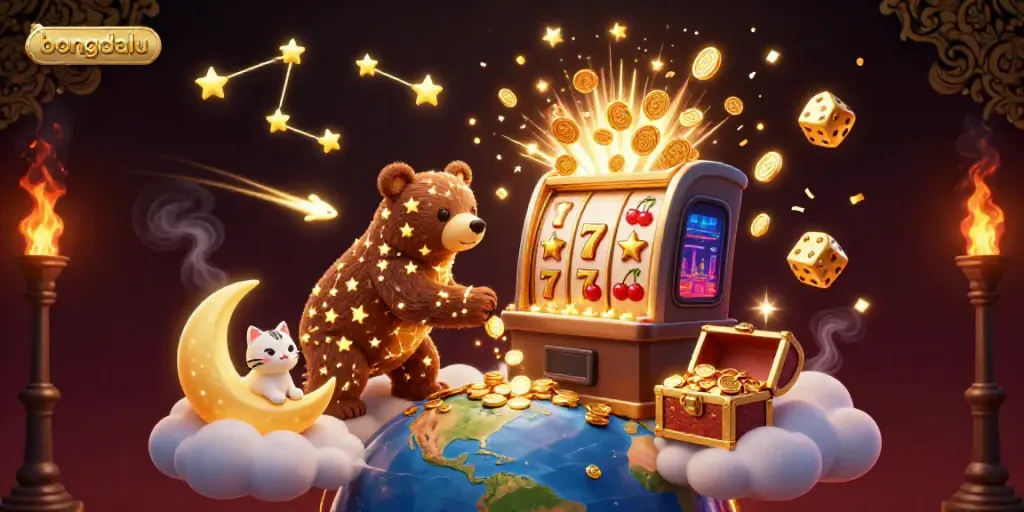 Bongdalu showcases a golden constellation bear, coins, and vibrant casino elements in a magical 3D scene.