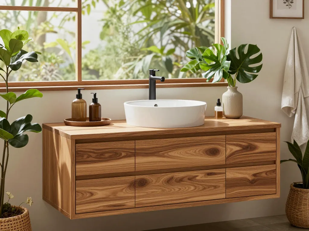 Ontdek prachtige eiken bathroommeubels bij Van Heck, met massief eiken wastafels in een prachtig ontworpen badkamer.