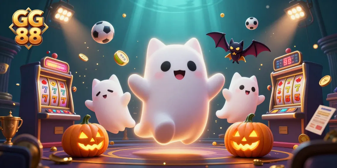 Experience the thrilling world of GG 88 with a ghost cat and a vampire bat in a vibrant casino scene.