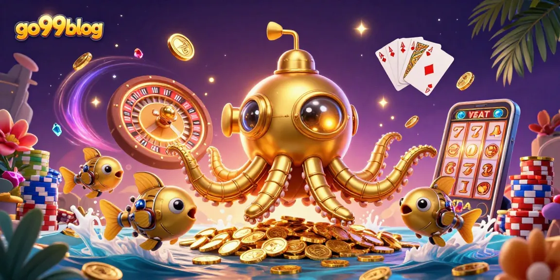 Join go99blog's thrilling adventures with a golden kraken submarine amidst cascading coins and vibrant casino elements.