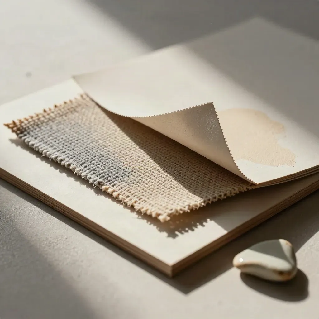 Macro van een woonkamermoodboard met stof, papier, verfstaal en keramiek in zacht licht.