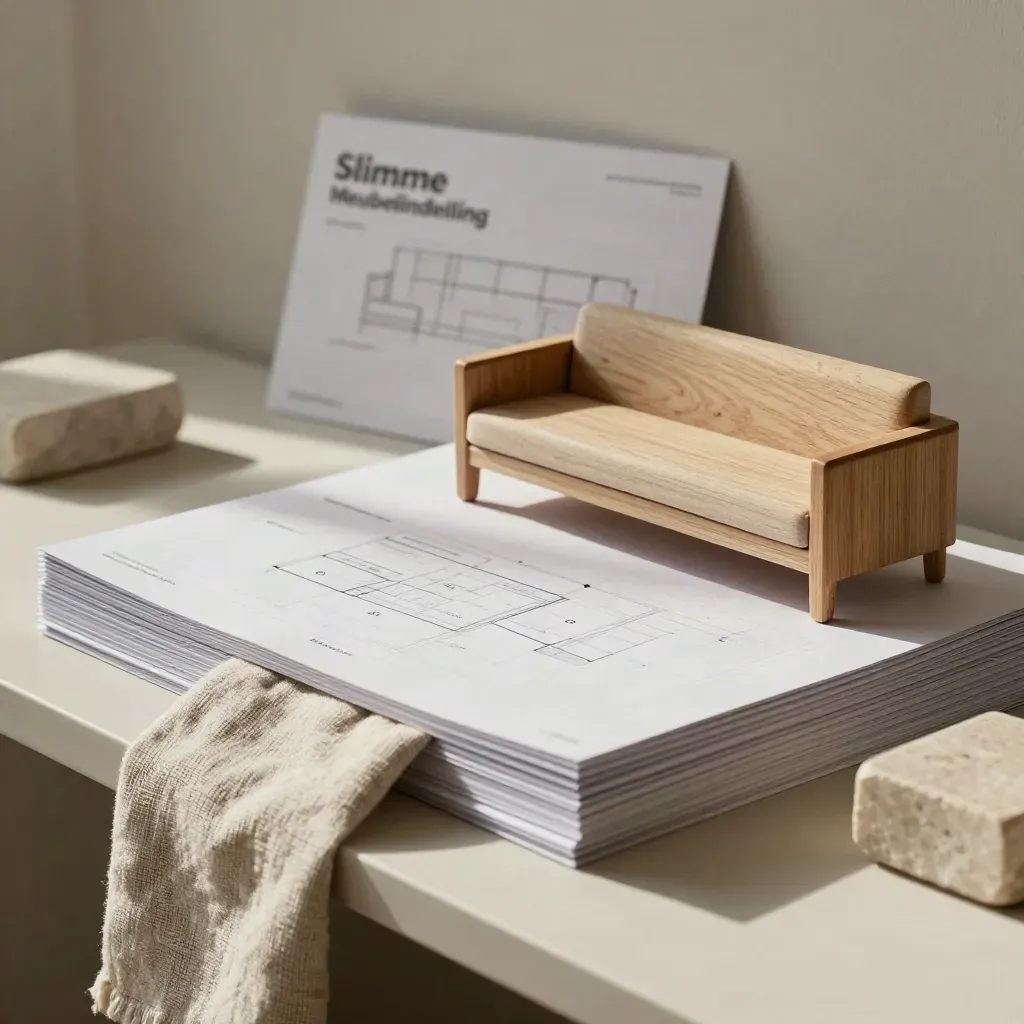 Interieurset met plattegrondsheets, modelbank, linnen staal en steenblok op een lichte console.