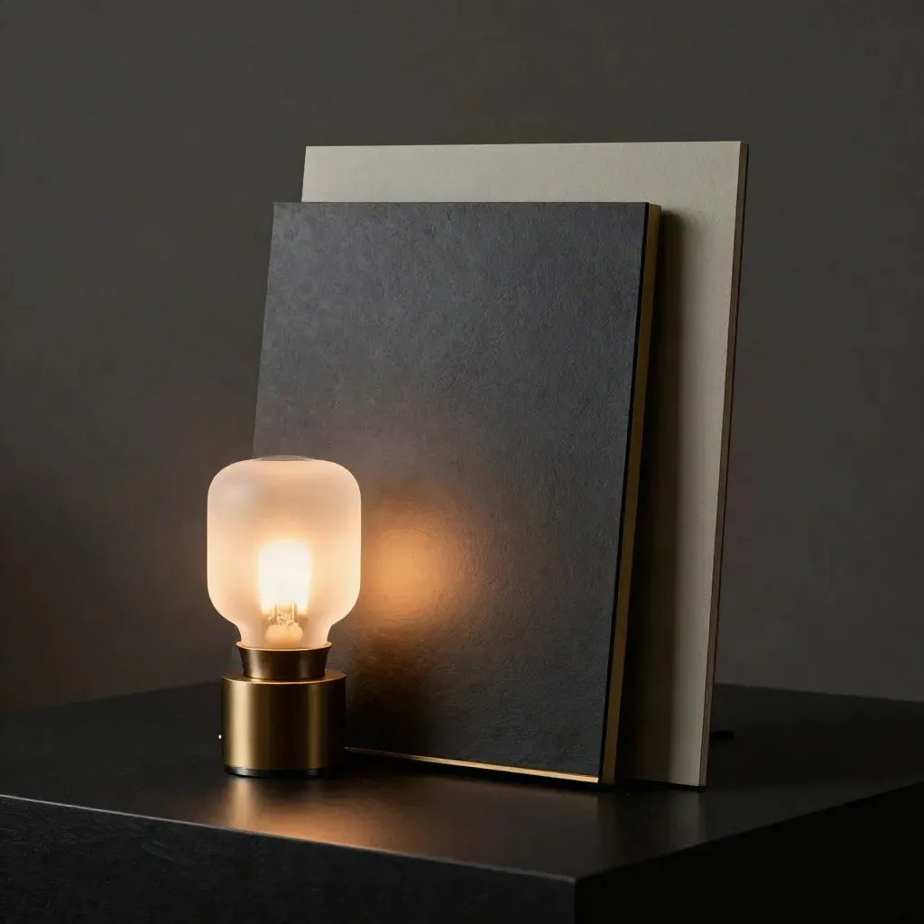 Lichtplan met frosted lamp, messing detail en donker samplebord in dramatisch licht.