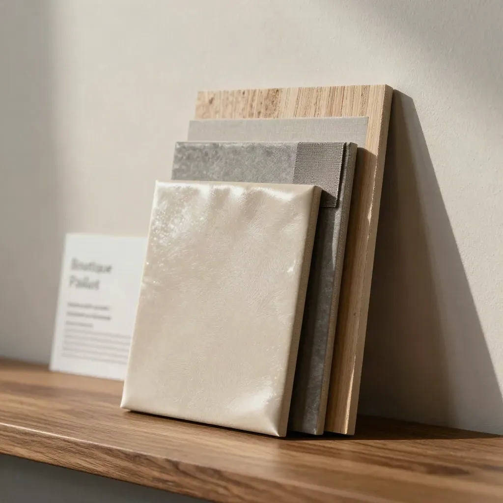 Materialenpakket met stalen, hout en een ringdetail tegen een lichte muur.