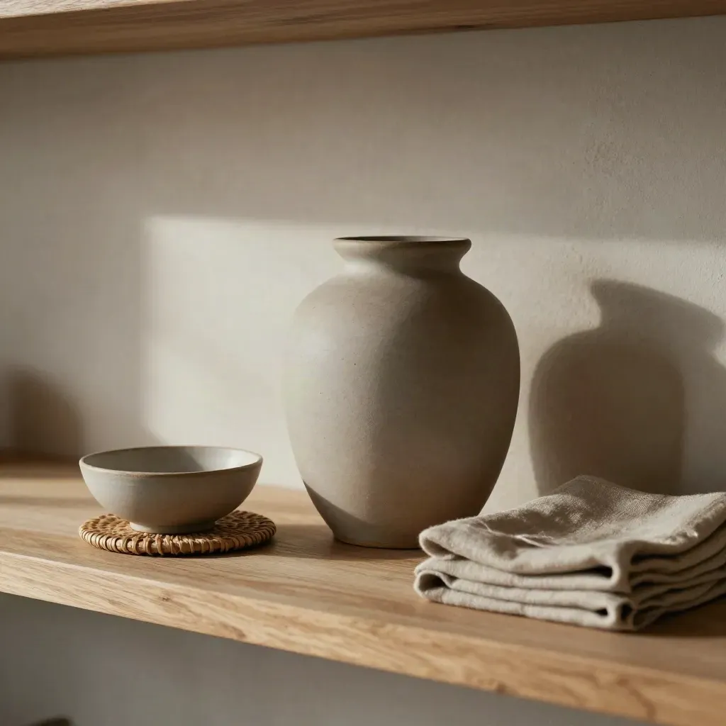 Accessoire-set van keramiek en textiel op een houten plank in zachte, rustige sfeer