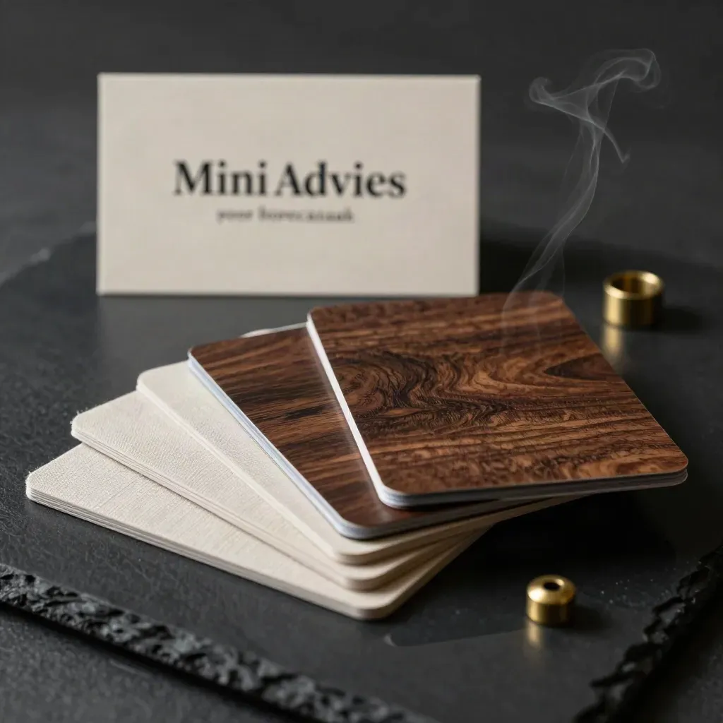 Donkere productfoto van een miniadviespakket voor horeca met hout, linnen en messing.