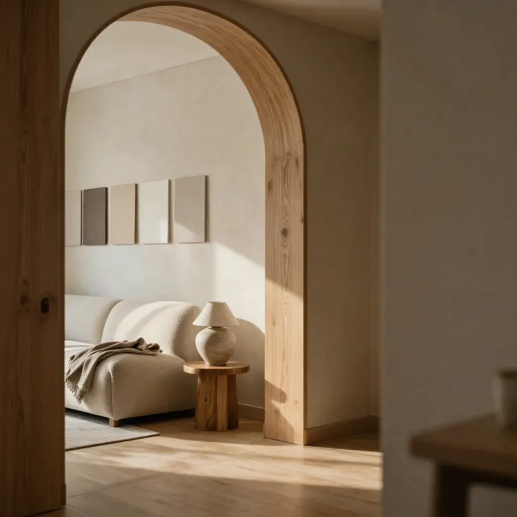 Warme interieurhoek met boog, lage sofa en keramische lamp in zacht daglicht.
