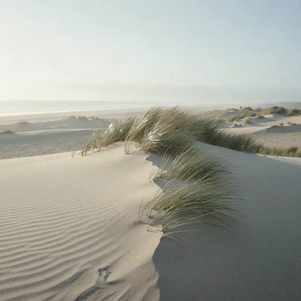 Duingras op een zandrichel met mist boven de kust in zacht ochtendlicht