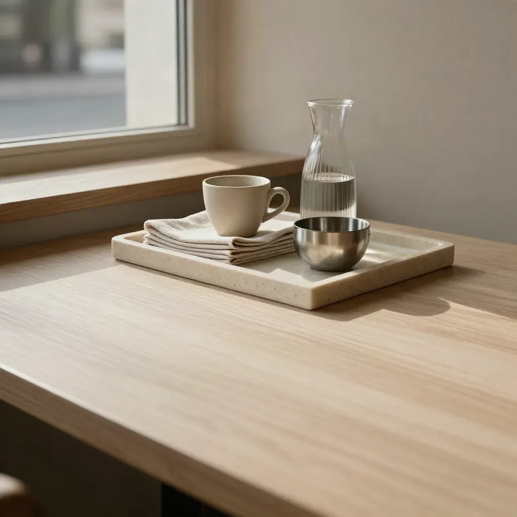 Stijvolle cafékhoek met travertin schaal, linnen servetten en zacht licht bij een raam.