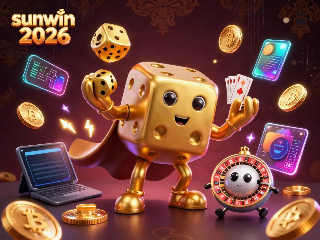 Experience the excitement at sunwin đổi thưởng 2026 with a vibrant 3D casino illustration featuring animated golden dice and crypto elements.