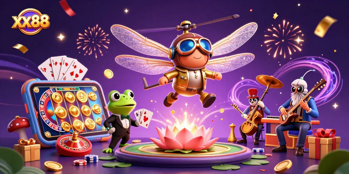 Experience excitement at xx88 with a dragonfly pilot, a frog dealer, and jazz-playing crickets in a vibrant casino scene.