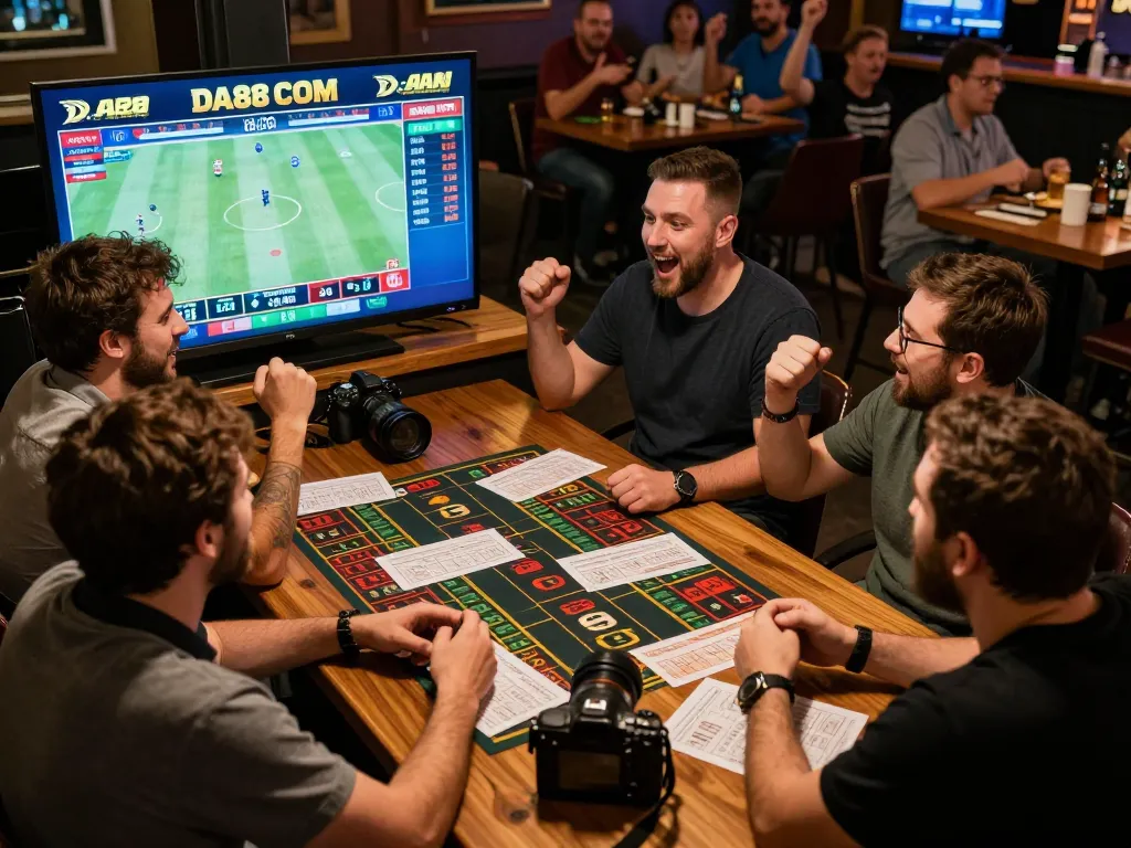 Exciting bettors engaging in live sports betting at DA88 COM in a lively pub setting, enhancing their gaming experience.
