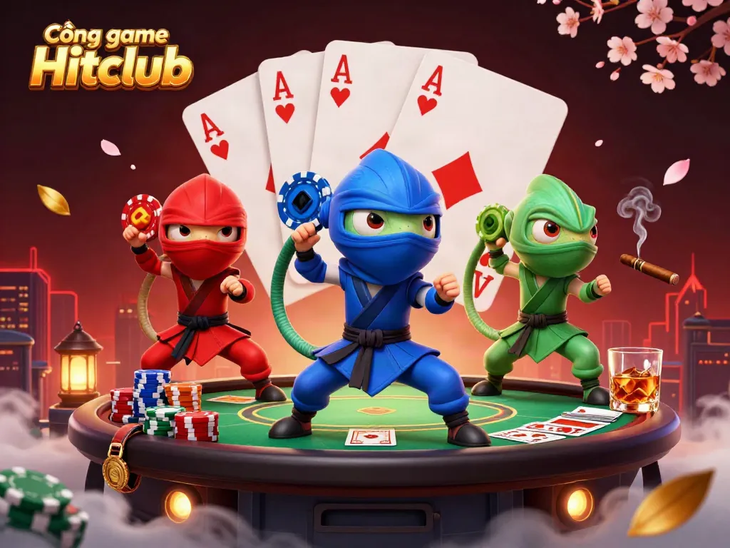 Cổng game Hitclub showcases a dynamic 3D scene with colorful chameleons and vibrant poker elements.