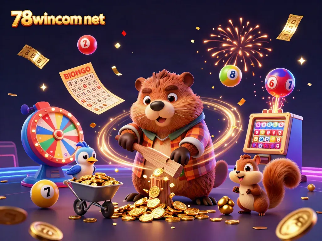 Experience the excitement at 78wincom net with animated beaver, bird, and squirrel celebrating winnings