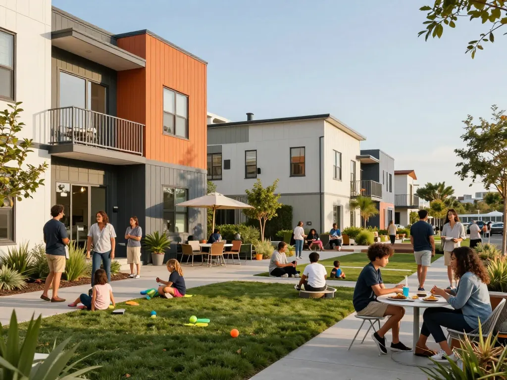 Community atmosphere at Five88 housing project with diverse residents enjoying amenities and outdoor spaces.