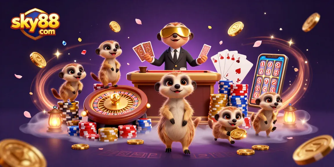 Experience the thrilling action at sky88 com with animated meerkats operating a vibrant casino.