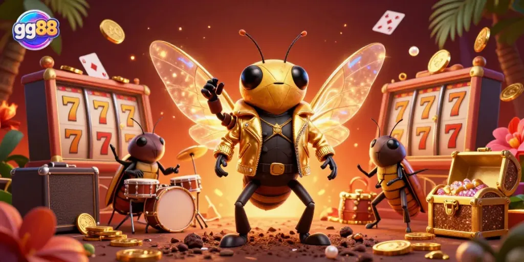 Engage with gg88's vibrant 3D casino world featuring a cicada rock star and dynamic gaming elements.