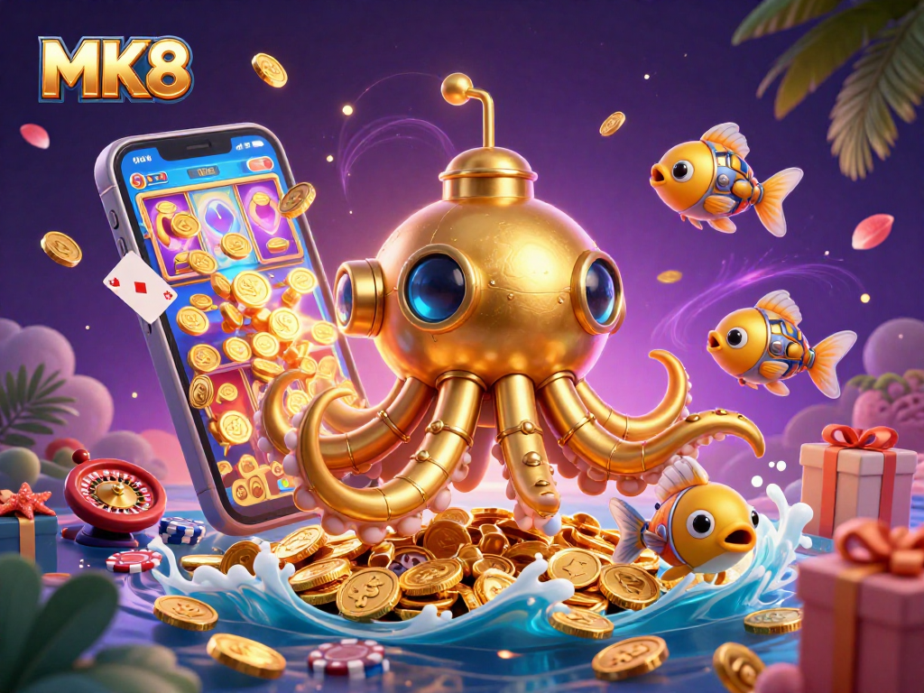 MK8 features an engaging golden kraken submarine with fish companions amidst a wealth of slot game elements.