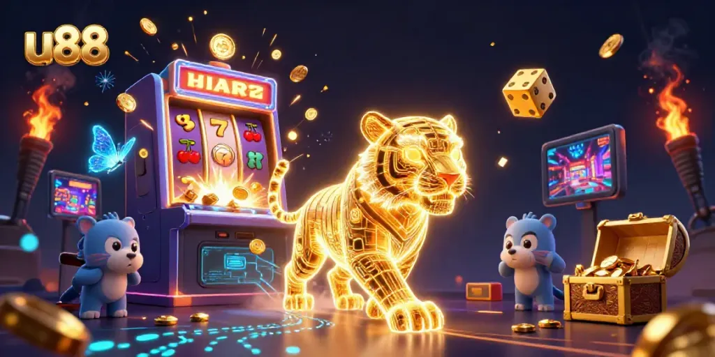 Experience the thrill of u88 with a neon tiger and jackpot explosion in a dynamic casino scene.