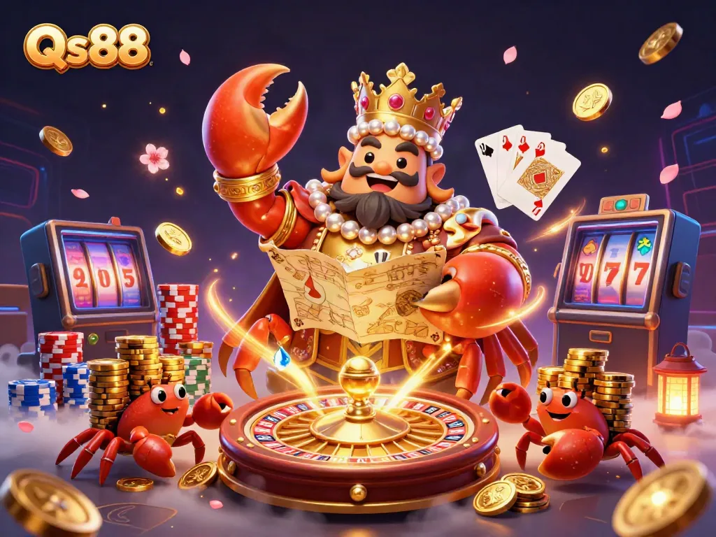 Engage with Qs88's vibrant 3D casino scene featuring a golden crab emperor and treasure elements.