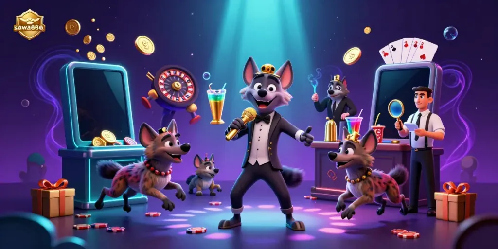 Experience exciting gameplay with sawa888's vibrant casino scene featuring comedy, slots, and lively characters.