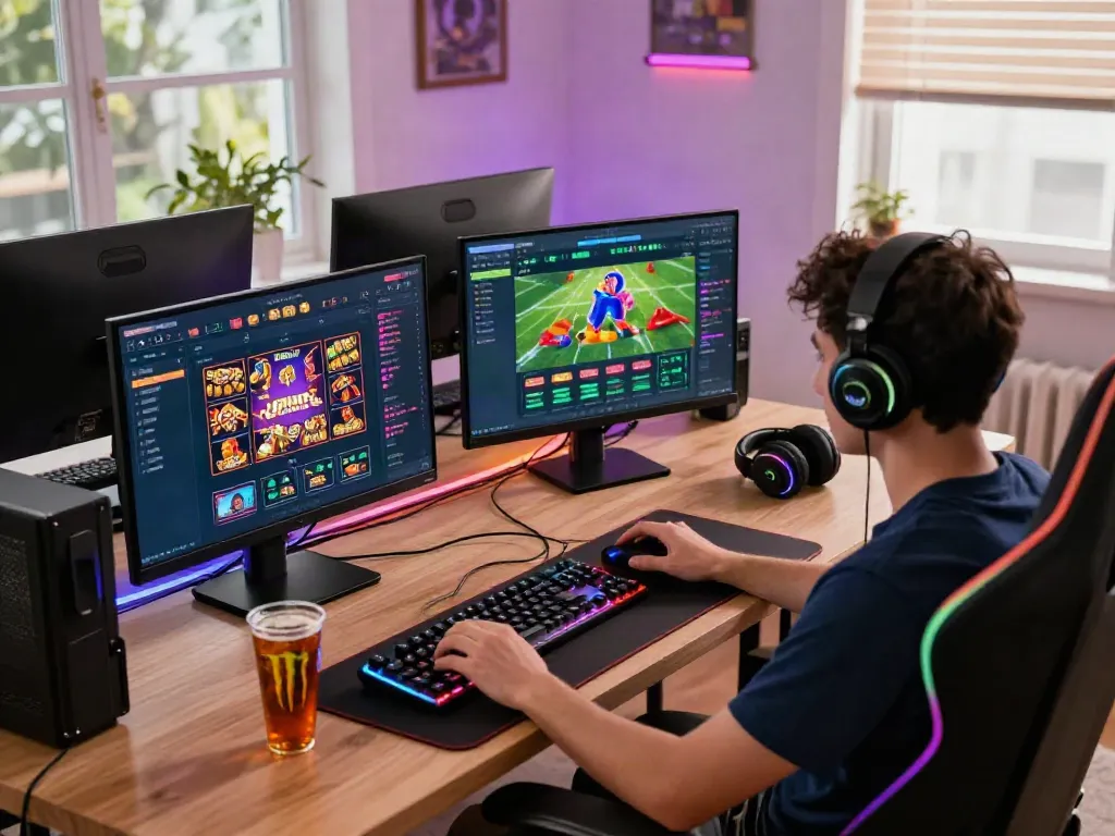 Exciting five88 online gaming setup with vibrant screens and modern decor