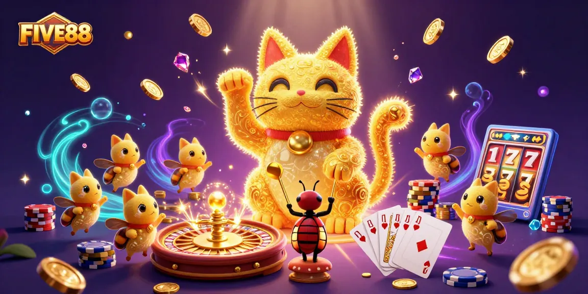 Experience the vibrant energy of FIVE88 with a lucky cat and gaming symbols in a dazzling casino scene.