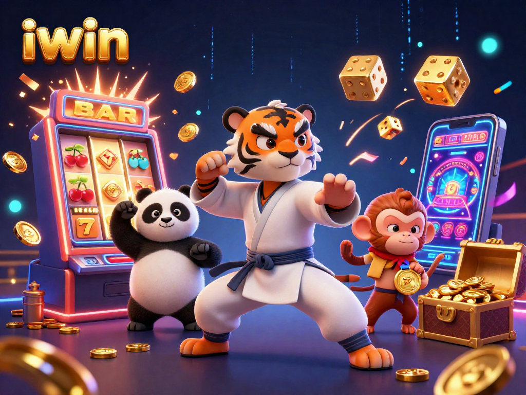 iwin themed 3D illustration showcasing a kung fu tiger, panda, and monkey amidst casino action.