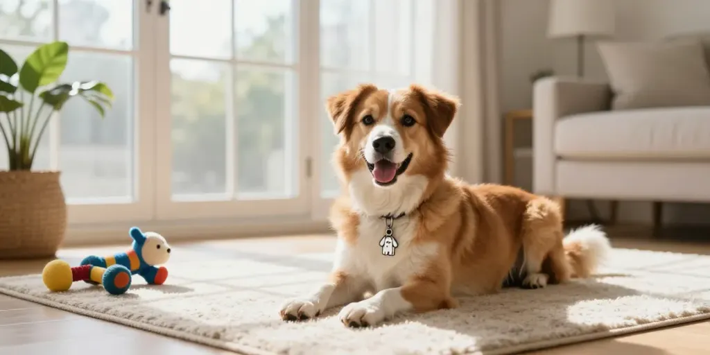 Een vrolijke hond met een gepersonaliseerde hondenpenning in een gezellige woonkamer met natuurlijk licht.