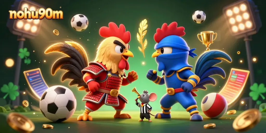 Nohu90m presents fighting roosters in a dynamic standoff amidst casino elements and sports action.
