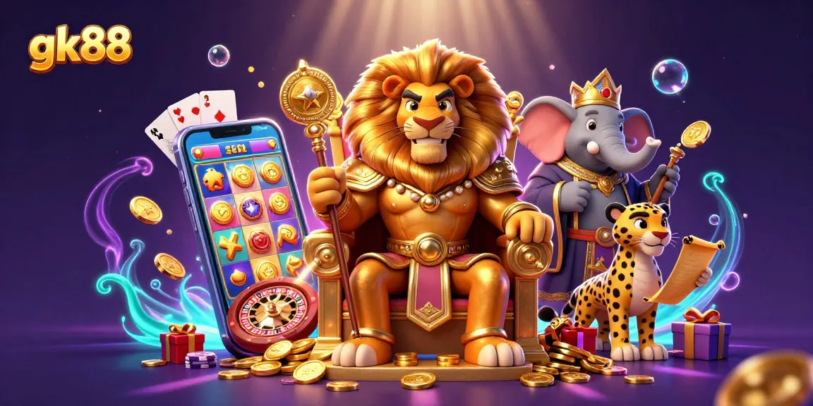 Engage with the vibrant gk88 online casino scene featuring a royal lion king among animated games.