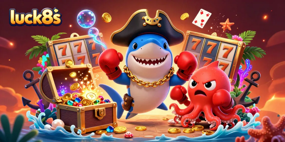 Engage with luck8s in a vibrant casino scene featuring cartoon characters and gold coins.