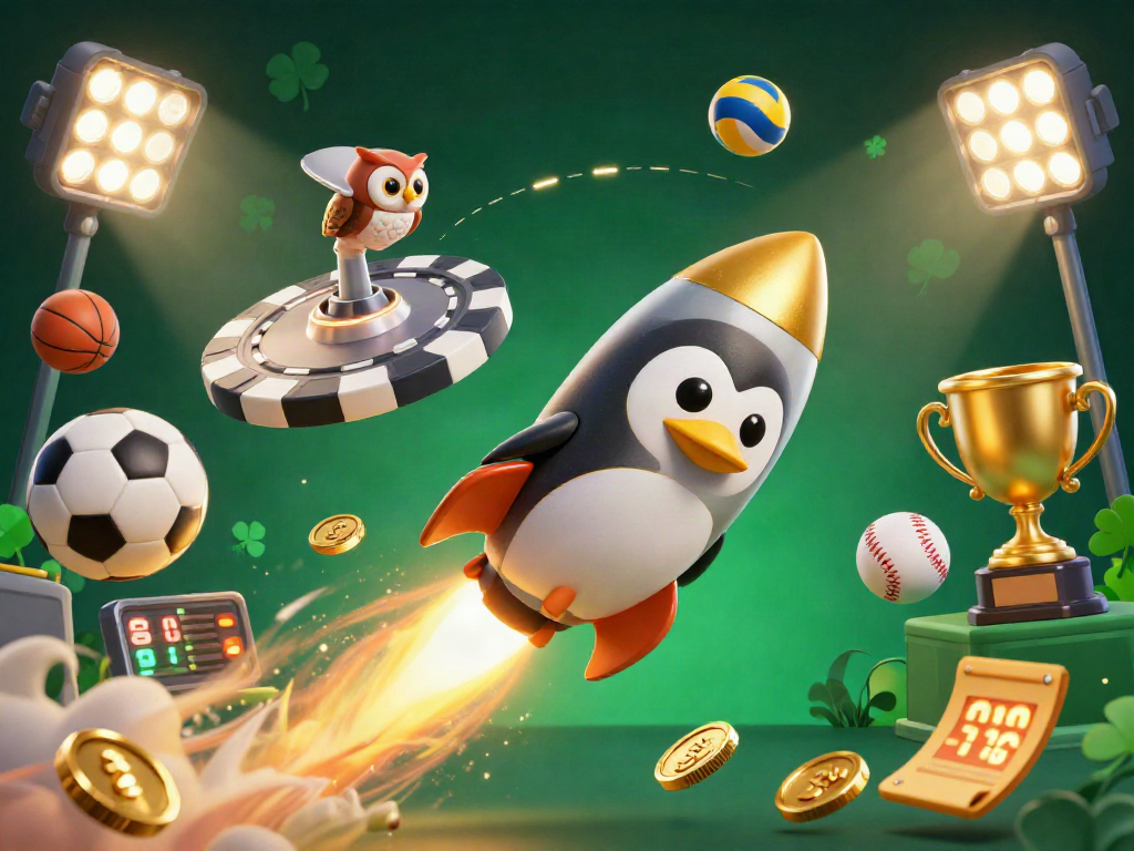 Nohu's whimsical illustration captivates players with a golden penguin blasting through a casino-themed space adventure.