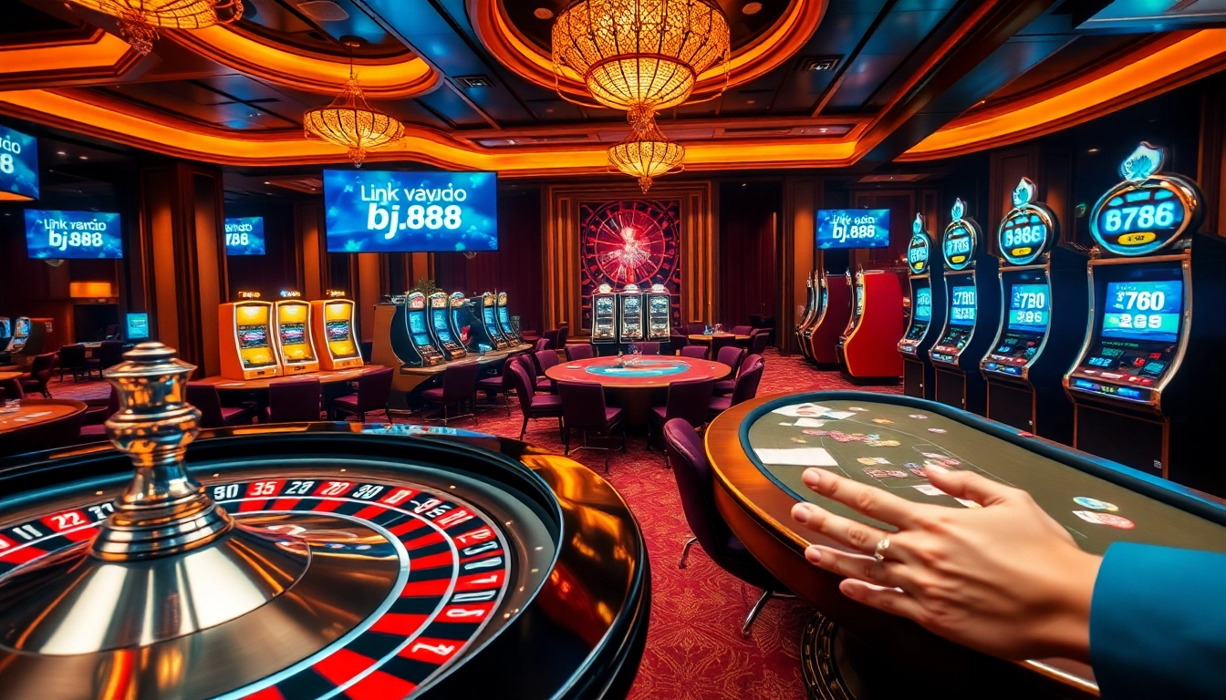 Gambling at an elite casino scene showcasing action and excitement, featuring link vào bj88 as a crucial digital interface.