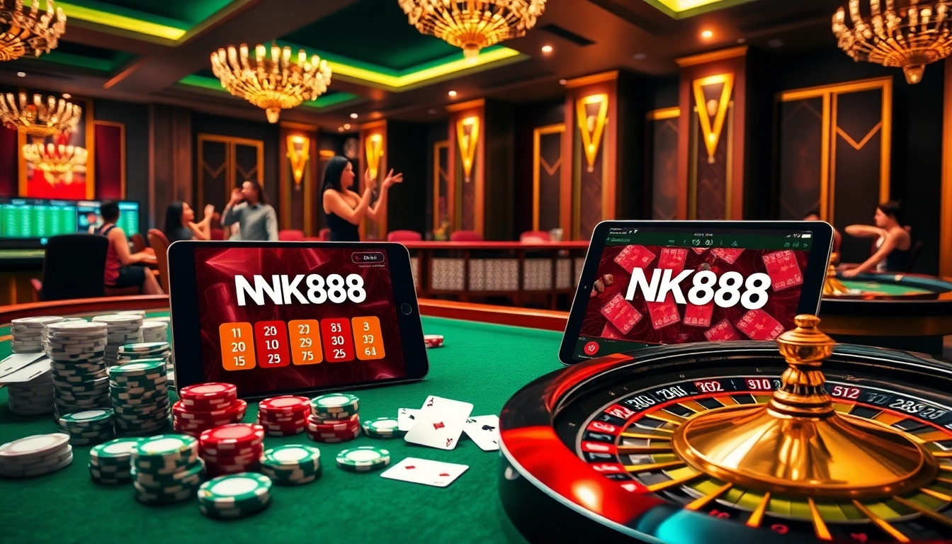 Engage in thrilling games at NK88 with vibrant casino elements like cards and roulette.