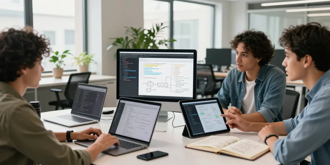 Build internal tools with AI in a collaborative tech workspace, showcasing team brainstorming and prototyping.