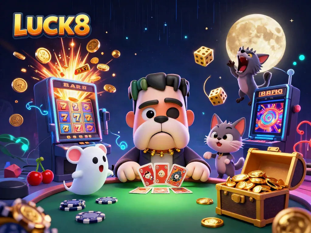 Experience thrilling casino action with LUCK8’s 3D characters and jackpot excitement in this vibrant illustration.
