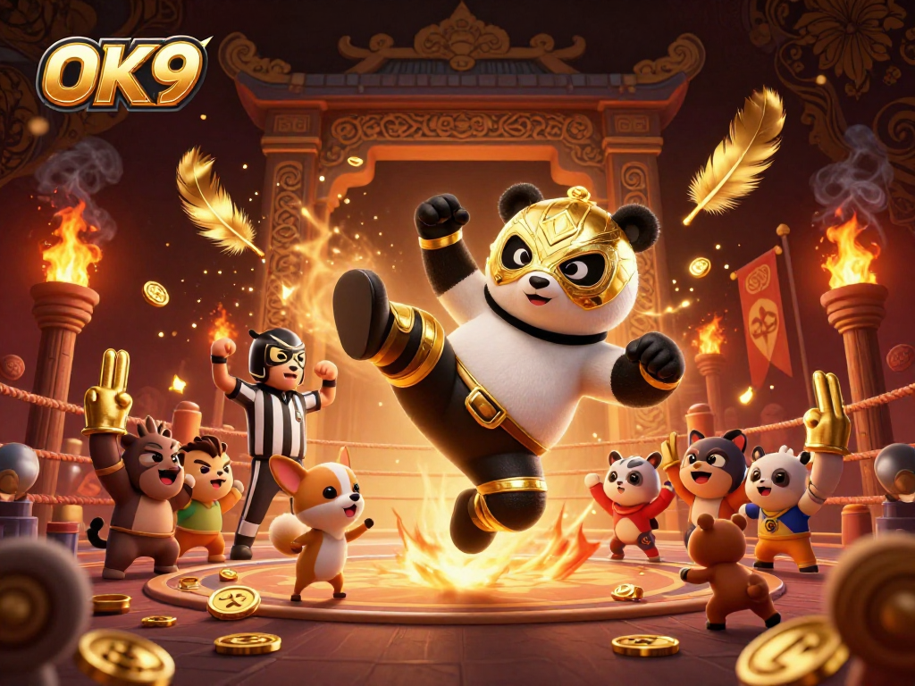 Experience intense action at OK9 with a panda wrestler surrounded by excited fans in a vibrant casino atmosphere.