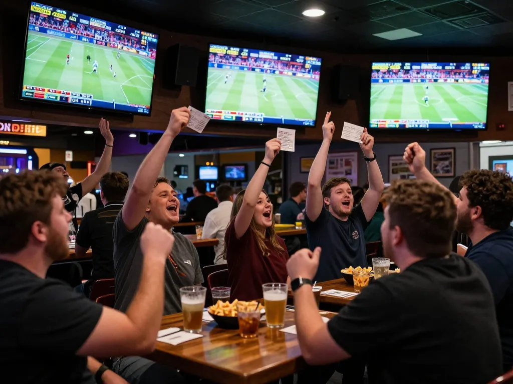 TIP88 sports betting excitement at a packed bar with happy patrons cheering