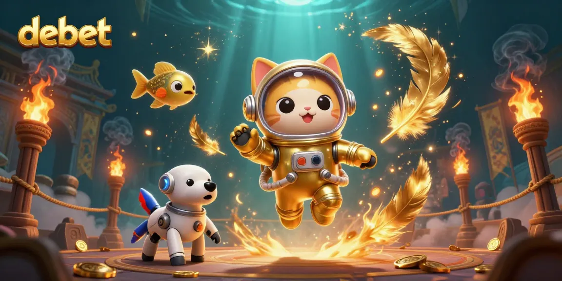 Engage in thrilling gameplay with debet as a cat astronaut and robot dog explore a vibrant casino world.