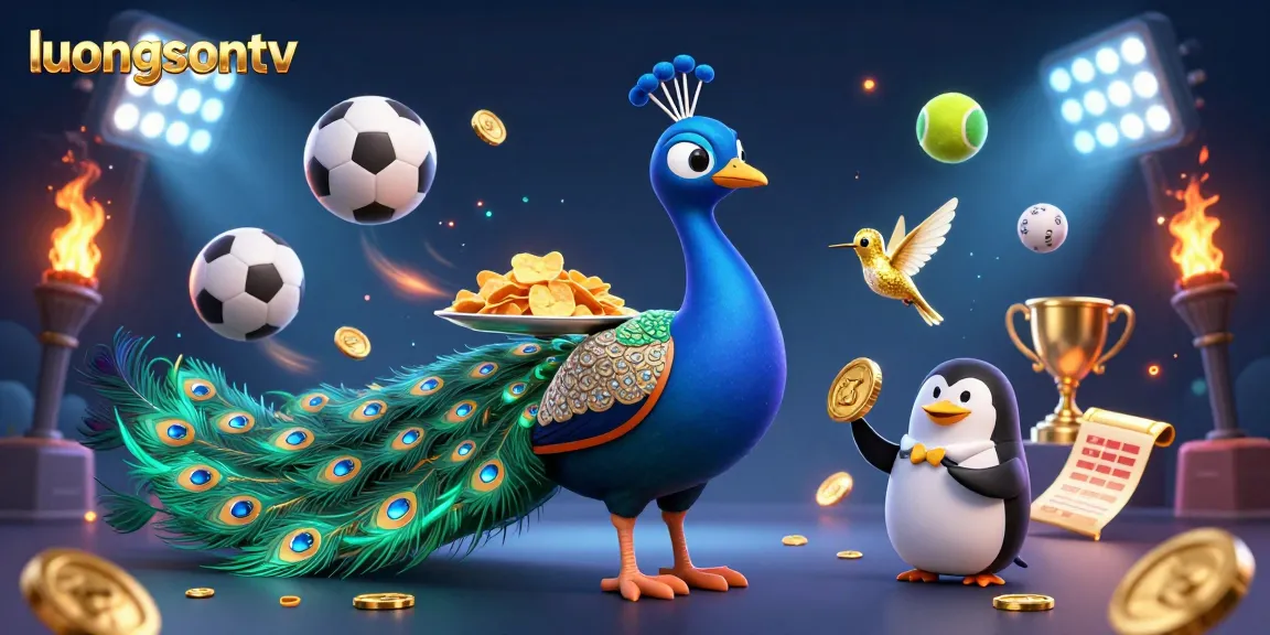 Experience thrilling sports betting with luongsontv featuring colorful characters, dynamic sports elements, and gold coins.