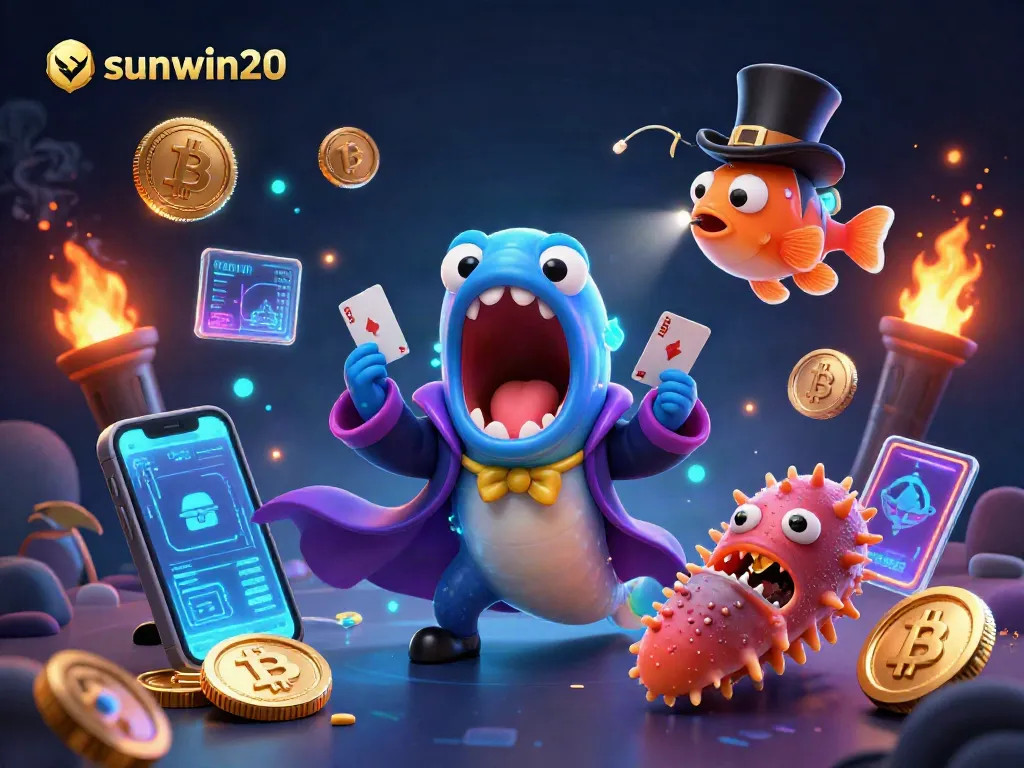 sunwin20 features a whimsical underwater casino scene with characters performing tricks and showcasing crypto elements