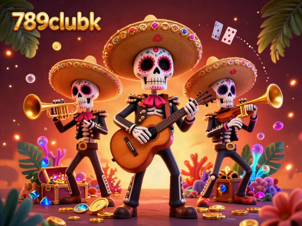 Experience the thrill of 789clubk with vibrant skeleton mariachi band and sparkling treasures in a dynamic casino scene.