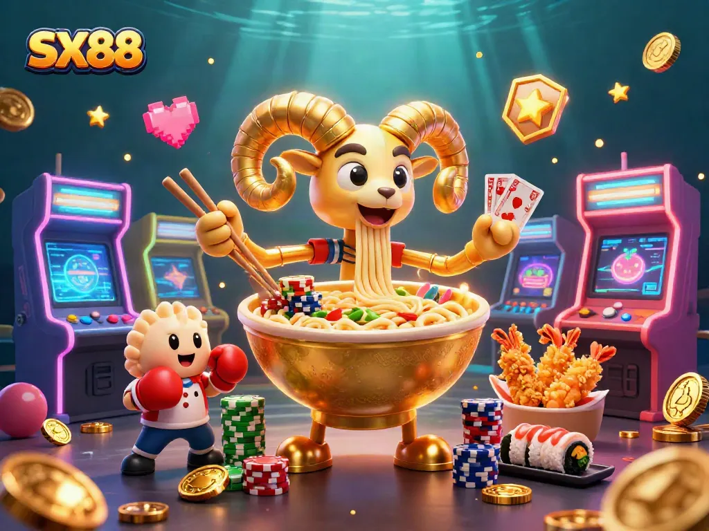 SX88 showcases a vibrant 3D casino scene featuring a ramen bowl dealer and festive elements.