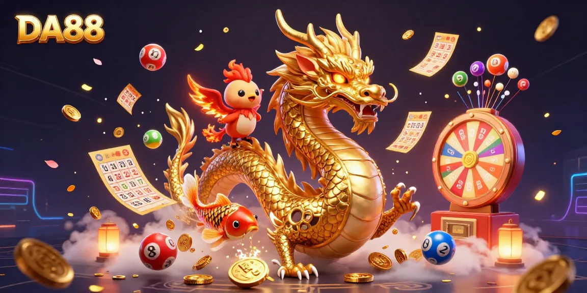 Play exciting games and win big with DA88 in this vibrant casino-themed illustration.
