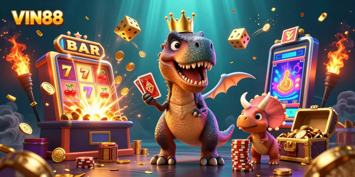 Experience jackpot excitement with VIN88's vibrant 3D casino scene illustrated by dinosaurs playing cards.